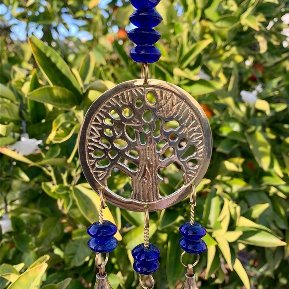 Cobalt Blue Tree of Life Small Wind Chime Sun Catcher Glass Beads & Brass Bells - Picture 9 of 10